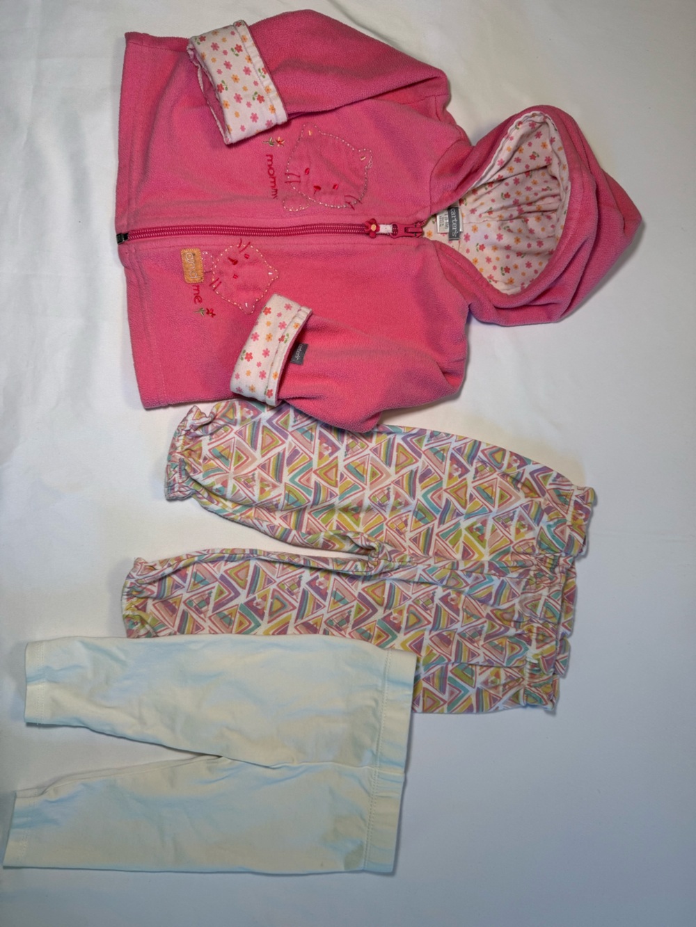 Girls Pink Fleece Jacket with Patterned Triangle Leggings and White Leggings
